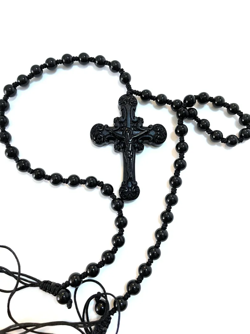 NATURAL Black Onyx Rosary Cross Handmade Religious Jewelry Catholic Gifts Men's Onyx Black Rosary Military Firefighter Cross Rosary Jewelry