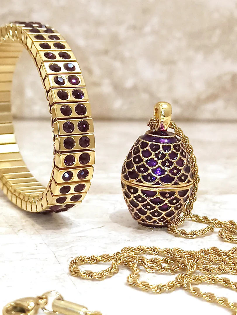 Artisan Faberge Egg Necklace & Bracelet Amethyst Fabergé Egg Style Jewelry 24k Gold Swarovski February 6th Wedding Anniversary Wife Birthday