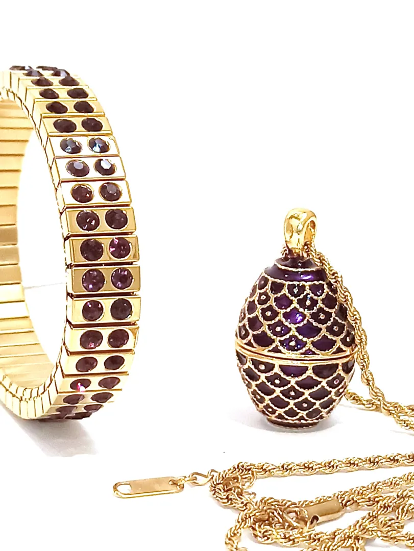 Artisan Faberge Egg Necklace & Bracelet Amethyst Fabergé Egg Style Jewelry 24k Gold Swarovski February 6th Wedding Anniversary Wife Birthday