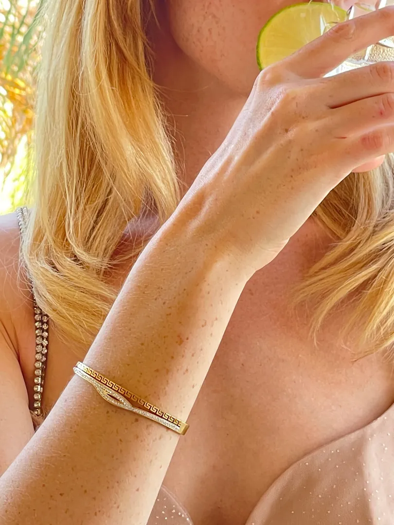 Designer Grecian Jewelry Pure Gold Vermeil Fine Greek Key Bracelet Meander Bracelet Egyptian Jewelry Eye Protection Bracelet Swarovski HMDE