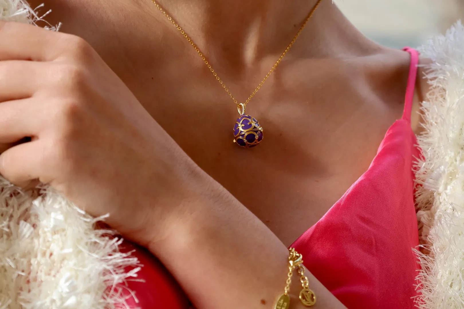 Designer Faberge Egg Necklace Bracelet Set Fabergé Egg Pendant Amethyst Jewelry Mother's Day Jewelry 18k Gold Mother Birthday Gift for Her