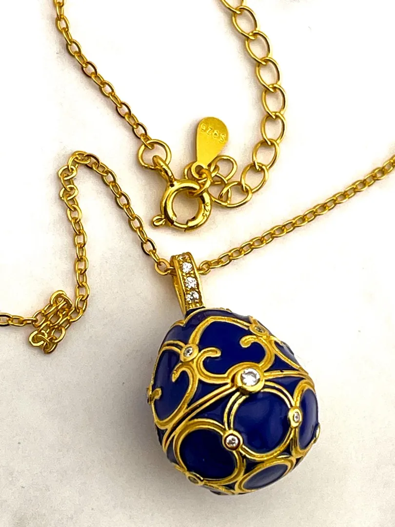 Designer Faberge Egg Necklace Bracelet Set, Faberge Egg Pendant Sapphire Jewelry & Bracelet Set, 18k Gold Vermeil, Something Blue for Wedding.