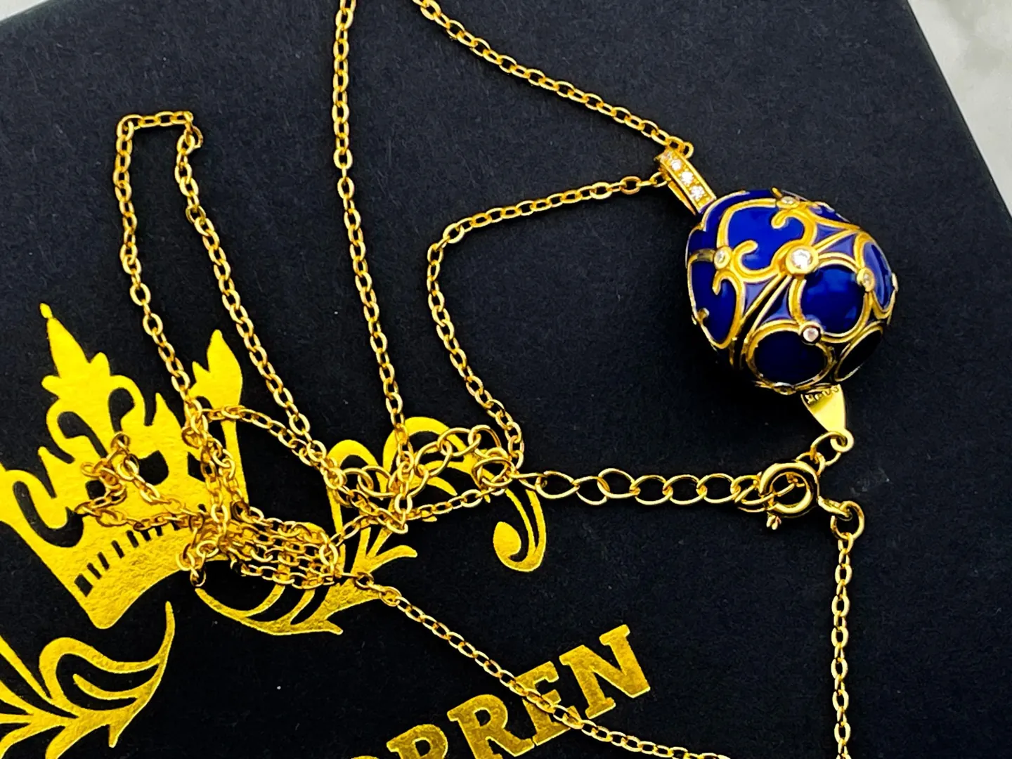 Designer Faberge Egg Necklace Bracelet Set, Faberge Egg Pendant Sapphire Jewelry & Bracelet Set, 18k Gold Vermeil, Something Blue for Wedding.