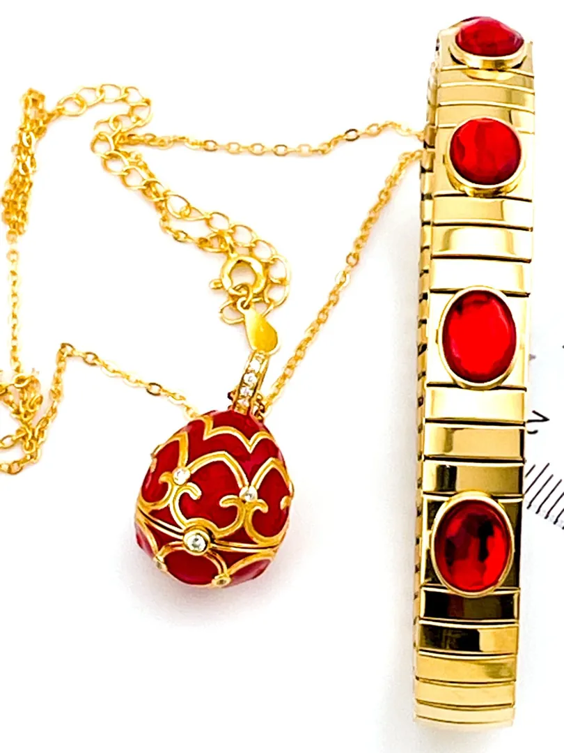Designer Ruby Faberge Egg Necklace Bracelet Set 18k Gold Vermeil Fabergé Egg Pendant & Bracelet Valentine Jewelry Anniversary Wife Birthday