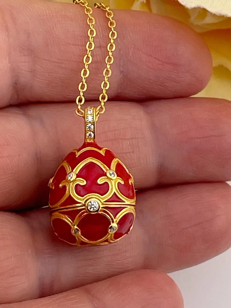 Designer Ruby Faberge Egg Necklace Bracelet Set 18k Gold Vermeil Fabergé Egg Pendant & Bracelet Valentine Jewelry Anniversary Wife Birthday