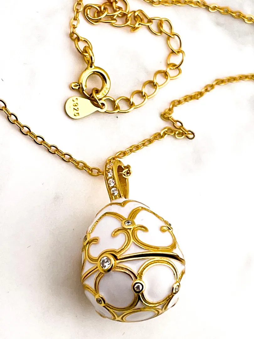 Designer White Faberge Egg Necklace Bracelet Set 18k Gold Vermeil Faberge Egg Pendant Bracelet Jewelry Set for Wedding Bridal Birthday Women