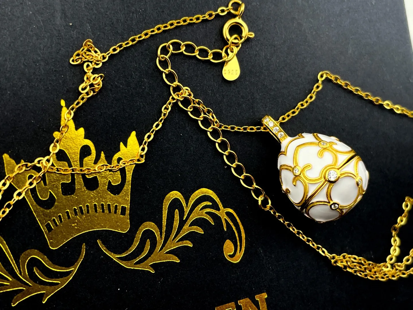 Designer White Faberge Egg Necklace Bracelet Set 18k Gold Vermeil Faberge Egg Pendant Bracelet Jewelry Set for Wedding Bridal Birthday Women