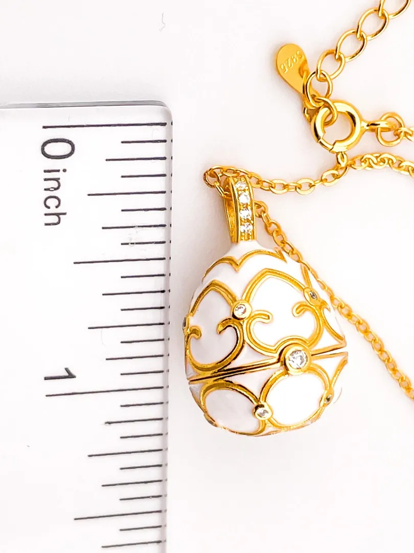 Designer White Faberge Egg Necklace Bracelet Set 18k Gold Vermeil Faberge Egg Pendant Bracelet Jewelry Set for Wedding Bridal Birthday Women