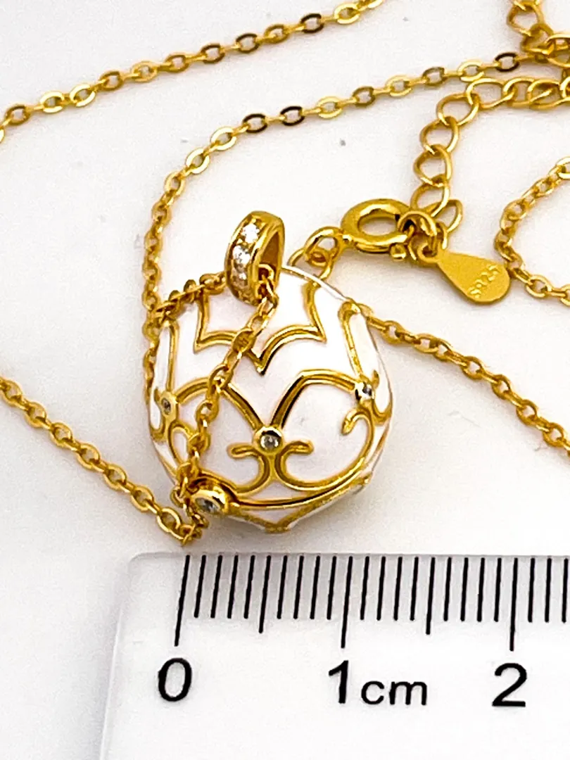 Designer White Faberge Egg Necklace Bracelet Set 18k Gold Vermeil Faberge Egg Pendant Bracelet Jewelry Set for Wedding Bridal Birthday Women