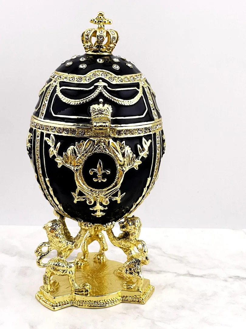 IMPERIAL Black Fabergé Egg style 24k GOLD 4ct Collectors Egg Faberge Jewelry Box Faberge Egg Trinket Box 200 Swarovski Decorated HANDMADE