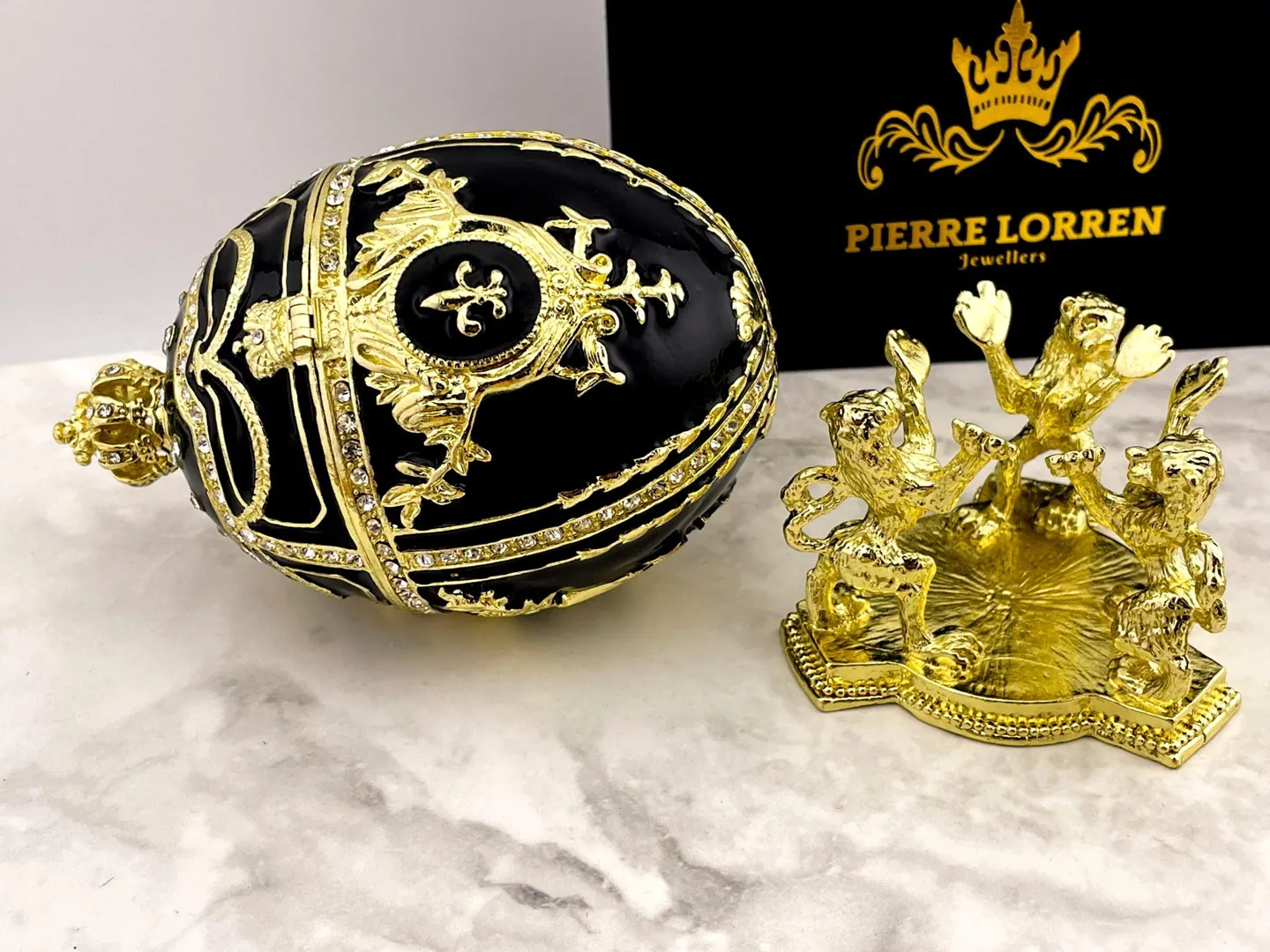 IMPERIAL Black Fabergé Egg style 24k GOLD 4ct Collectors Egg Faberge Jewelry Box Faberge Egg Trinket Box 200 Swarovski Decorated HANDMADE