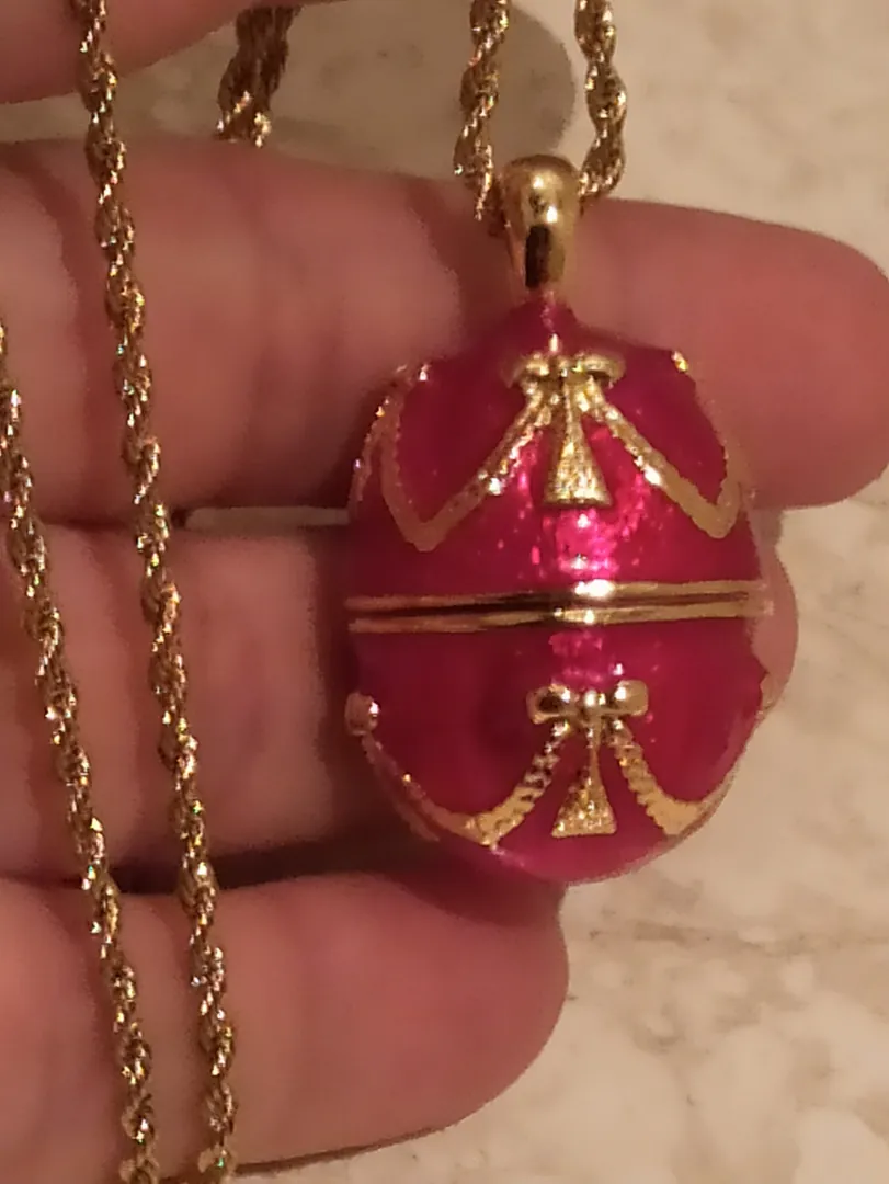 Mother's Day gift from daughter: Red Fabergé egg music box trinket and Fabergé-style egg pendant. Perfect for wife’s birthday, mom gift, sister's anniversary, or as a gift for a wife.