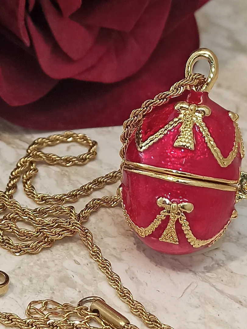 Designer Ruby Red Faberge Egg Necklace Bracelet Set, 24k Gold, Handmade Jewelry, Faberge Egg Style, Birthday Fiance, Anniversary Gift for Wife.