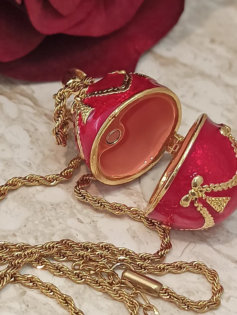Designer Ruby Red Faberge Egg Necklace Bracelet Set, 24k Gold, Handmade Jewelry, Faberge Egg Style, Birthday Fiance, Anniversary Gift for Wife.
