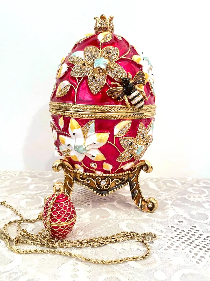 Red Faberge Egg Jewelry Box Pomegranate Gift + Faberge Egg Necklace 24K Gold Handmade Mother's Day Gift 450 Austrian Crystals Handset 10CT