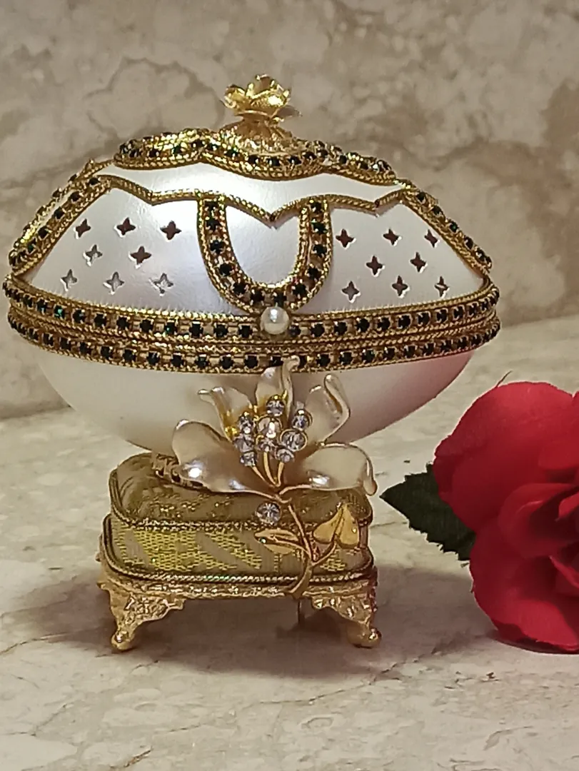 Faberge Egg May Birthstone Jewelry Set - Mom New Homeowner Gift, May Birthday Music Box, Natural Handcarved Egg + 24k Gold Necklace + Bracelet