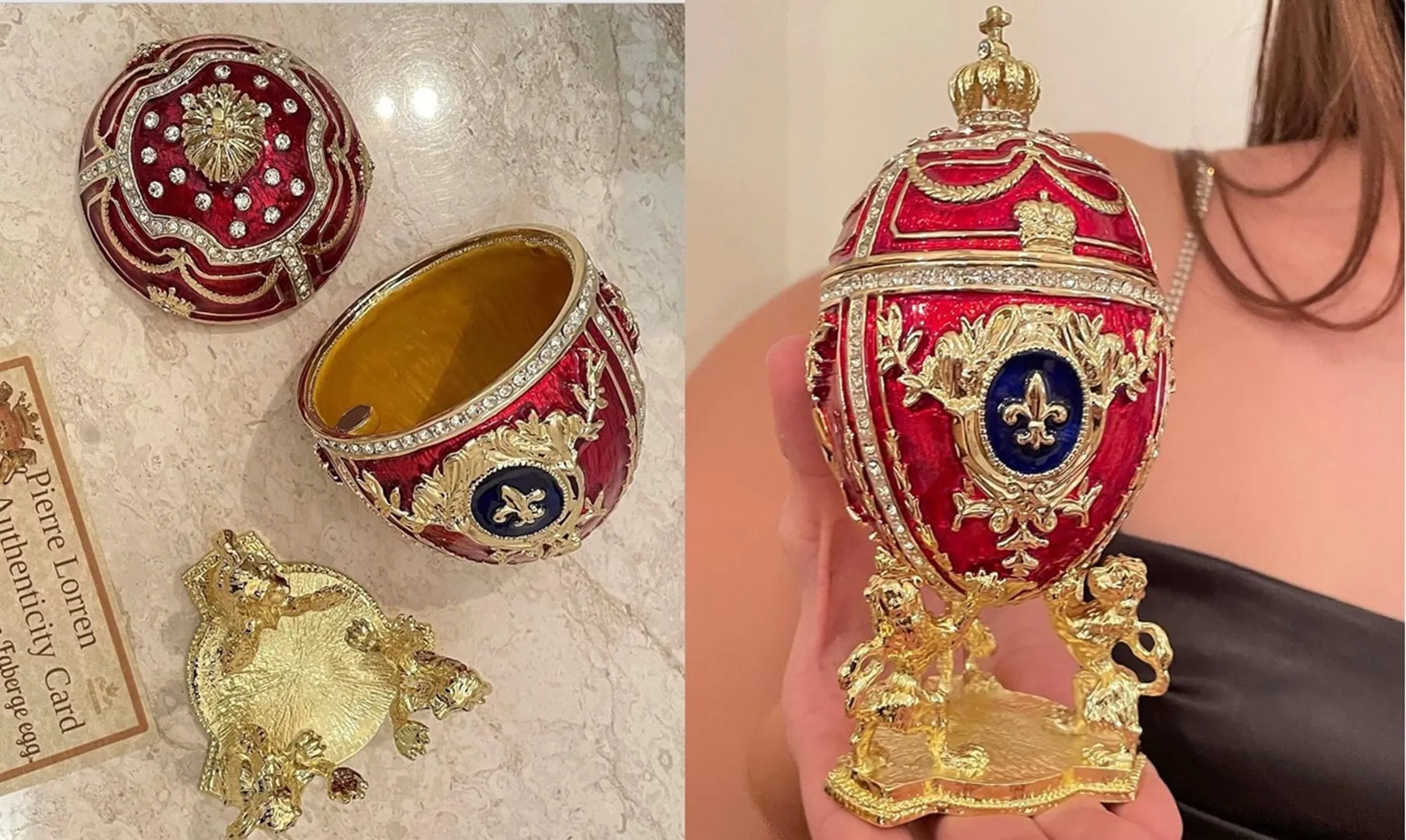 Designer GOLD Faberge Egg Trinket Box Fabrege Egg Gift for Her Fabergé Egg Decorative Boxes Unique Christmas Present SWAROVSKI Handset 6.5