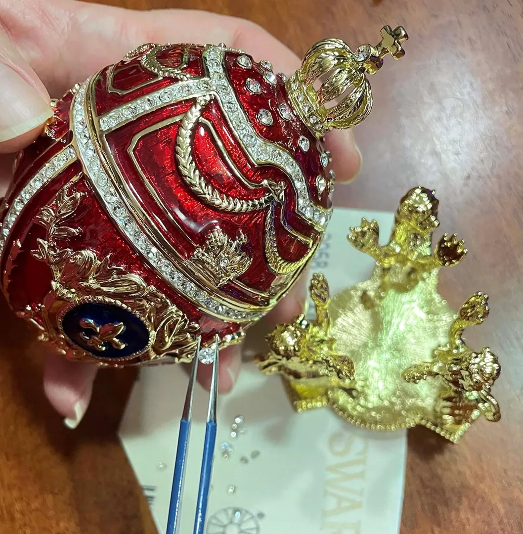 Designer GOLD Faberge Egg Trinket Box Fabrege Egg Gift for Her Fabergé Egg Decorative Boxes Unique Christmas Present SWAROVSKI Handset 6.5