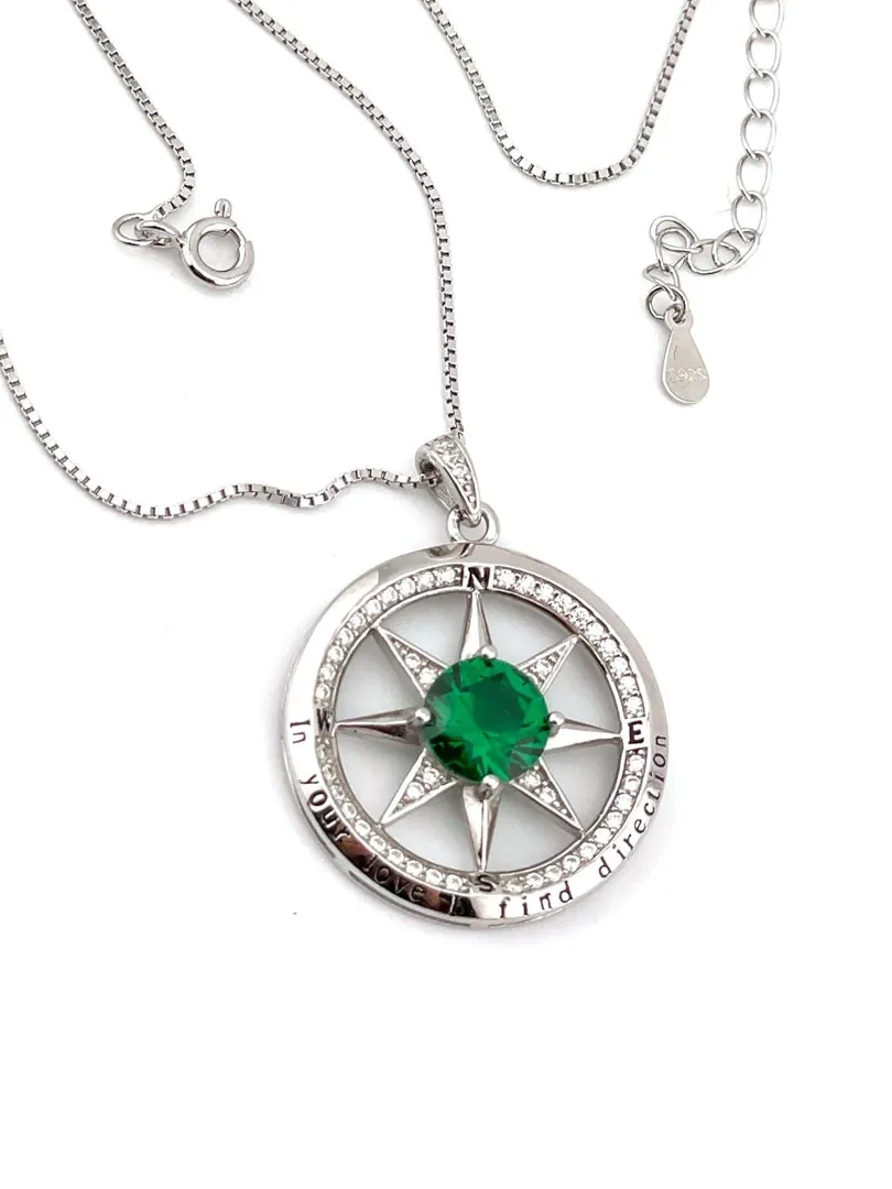 2ct Emerald Necklace - Diamond Emerald Pendant Compass Necklace Pendant 18k White Gold Silver Handmade Certified Emerald Jewelry Anniversary