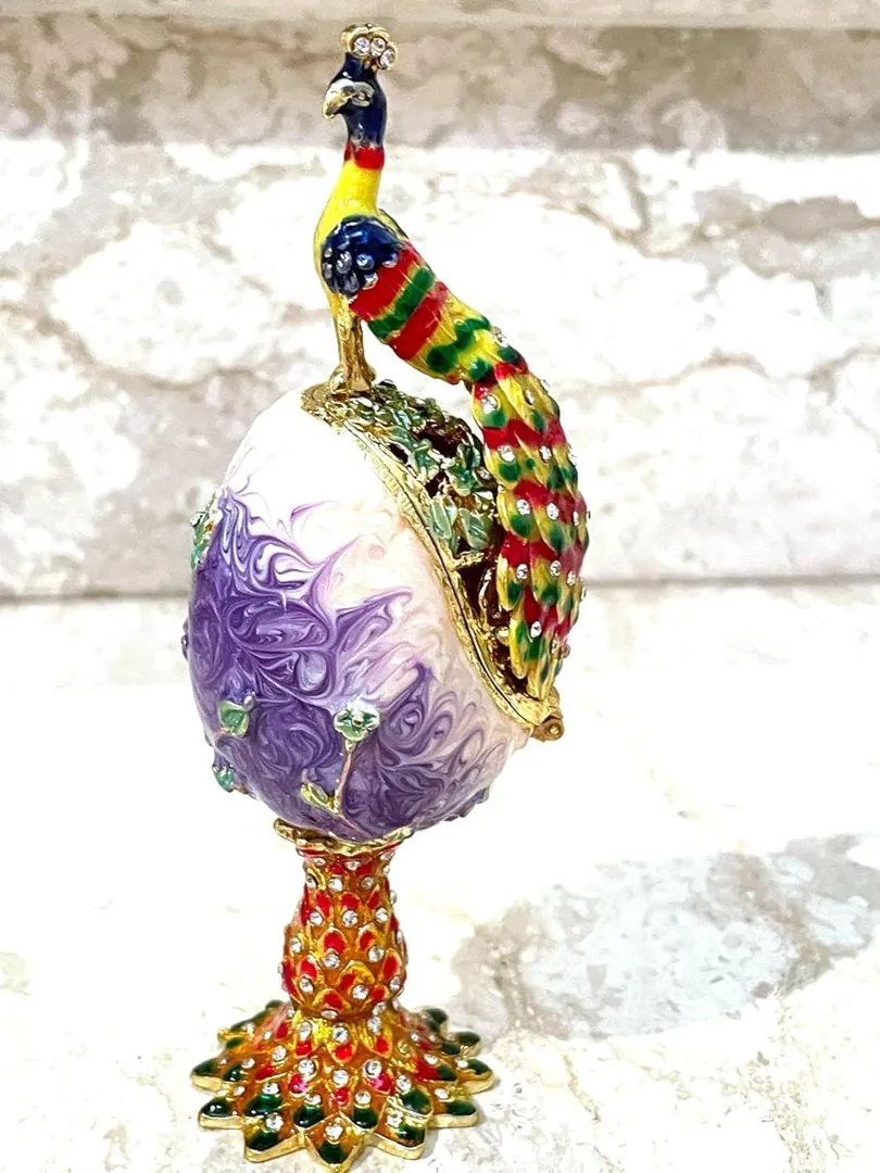 PEACOCK  Imperial Faberge Egg in Russian Faberge style, adorned with Swarovski crystals and pure gold decor. This multi-color, handmade piece makes for a perfect Easter gift or a unique present for birthdays and anniversaries. Designed by Pierre Lorren.