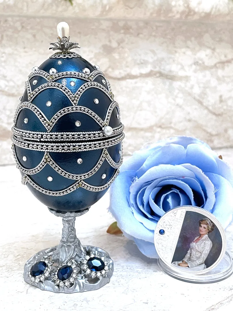 1981 Princess of Wales Fabergé Egg Decorative Boxes Fabergé Egg Jewelry Box + Silver Tiara + Princess Diana Spencer Collectible Coin