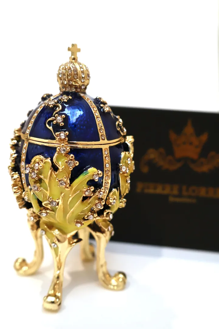 Designer Faberge Style Egg gift for her Sapphire Blue Swarovski Pure Gold decor Faberge Egg Trinket Box Handmade Christmas Easter Birthday