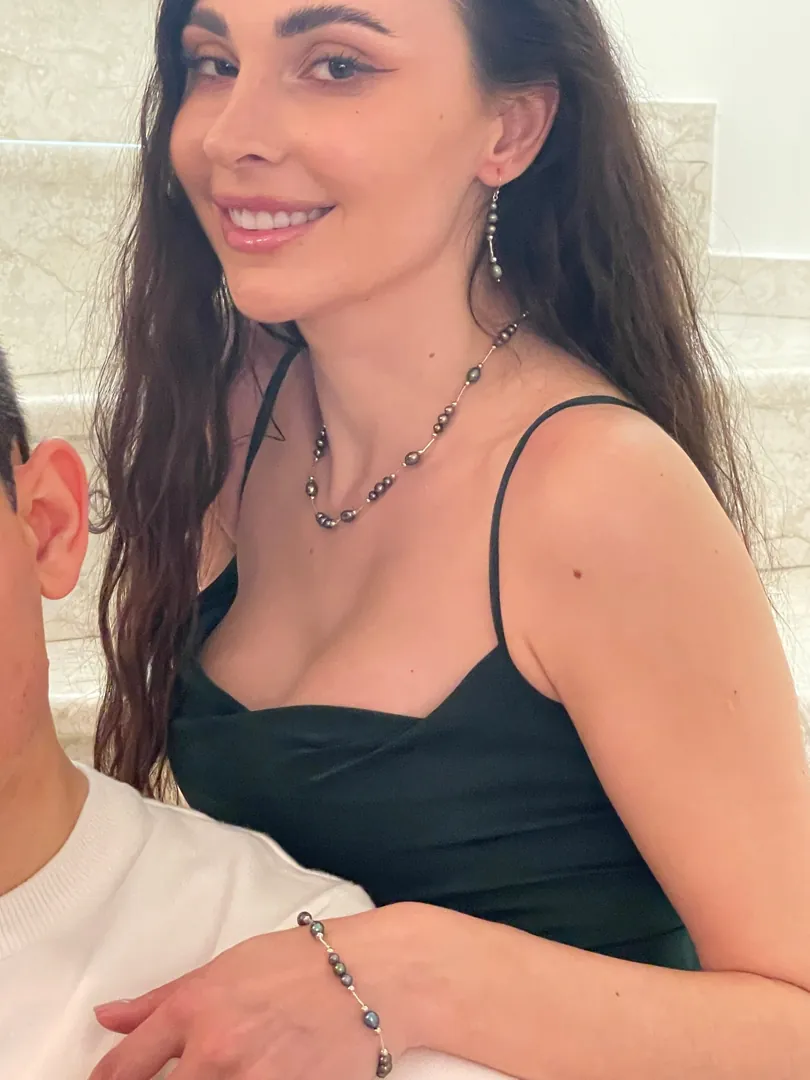 Pierre Lorren Black South Sea Pearl Jewelry Set: Black Tahitian Necklace, Tahitian Pearl Earrings, Tahitian Bracelet. Saltwater Pearl Set.