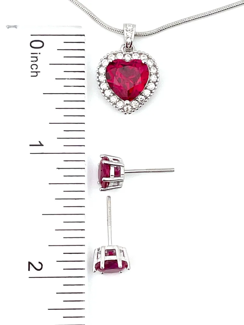 3.5 Carat Natural Ruby Diamond Heart Necklace Pendant Ruby Stud Earrings Heart Shaped Jewelry Diamond Set 18k White Gold 40th Anniversary