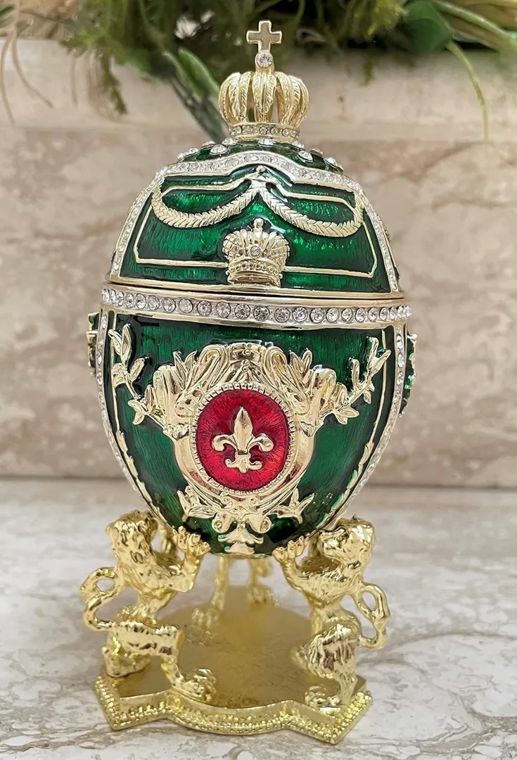 HANDMADE Unique Emerald Faberge Egg Style Jewelry Box & Bracelet Pure Gold Decor Austrian Crystal Faberge Masterpiece Birthday Christmas Gift