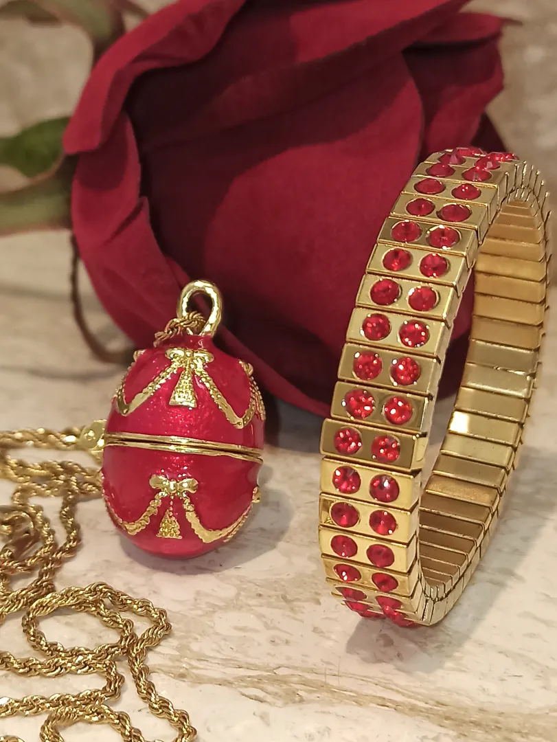 Christmas Jewelry Set, Faberge Egg Necklace & 2ct Ruby Bracelet + Gold Pearl Hair Comb, Xmas Jewelry Gift, Christmas Necklace, Daughter Gift