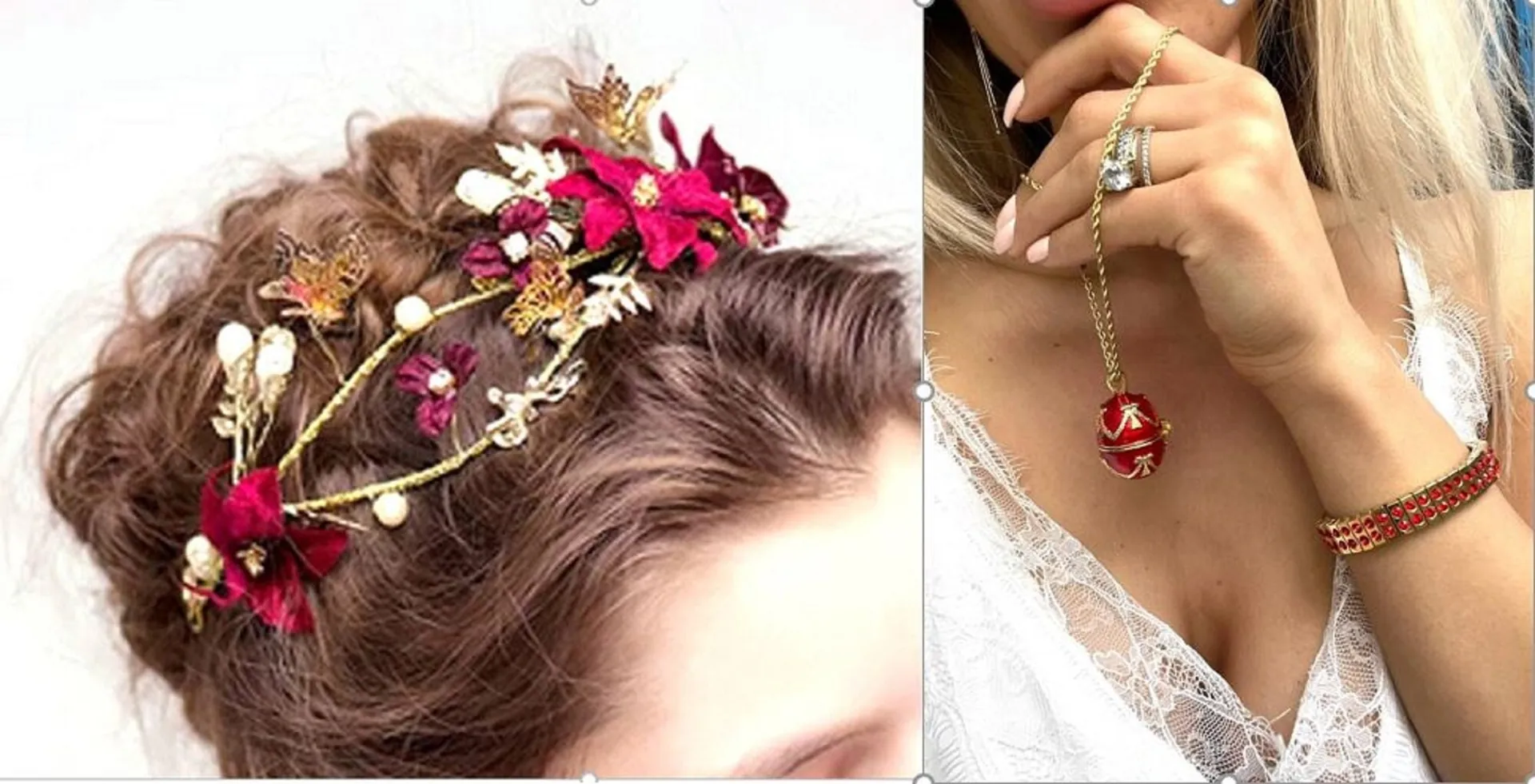 Christmas Jewelry Set, Faberge Egg Necklace & 2ct Ruby Bracelet + Gold Pearl Hair Comb, Xmas Jewelry Gift, Christmas Necklace, Daughter Gift