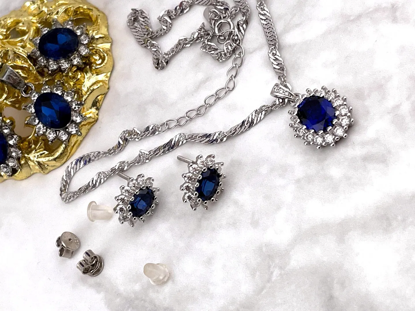 Antique Lady Diana Spencer Fabergé egg style Natural Sapphire Diamond Pendant Earrings Set Fabergé Easter Gift for Mother Princess of Wales