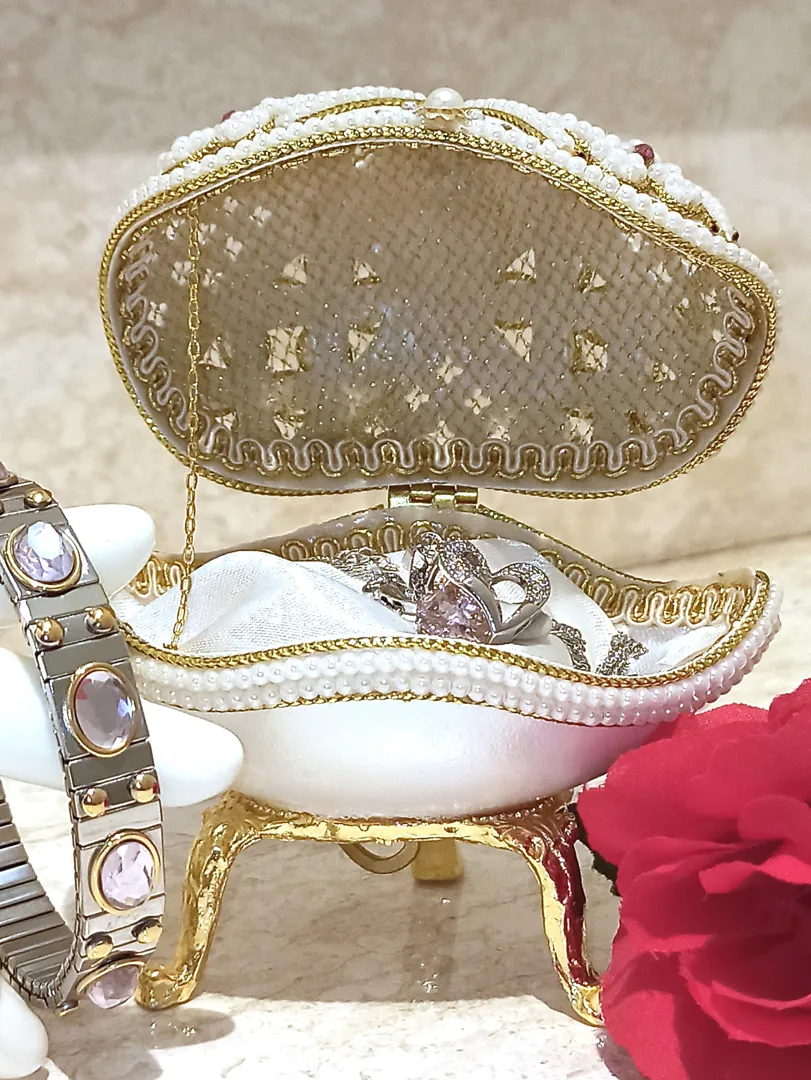 Sweet Birthday Gift for Her: Pink Faberge Egg Musical Jewelry Box, Faberge Pendant Heart Necklace, Silver Bracelet, Pink Topaz Fabergé Egg Set.
