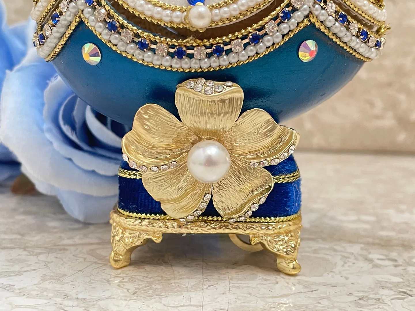 1993 Vintage Faberge Egg Style Music Blue Faberge Egg Collectors Box Natural Hand Carved Egg Fabergé Egg Sapphire 24k Gold Gift for Birthday