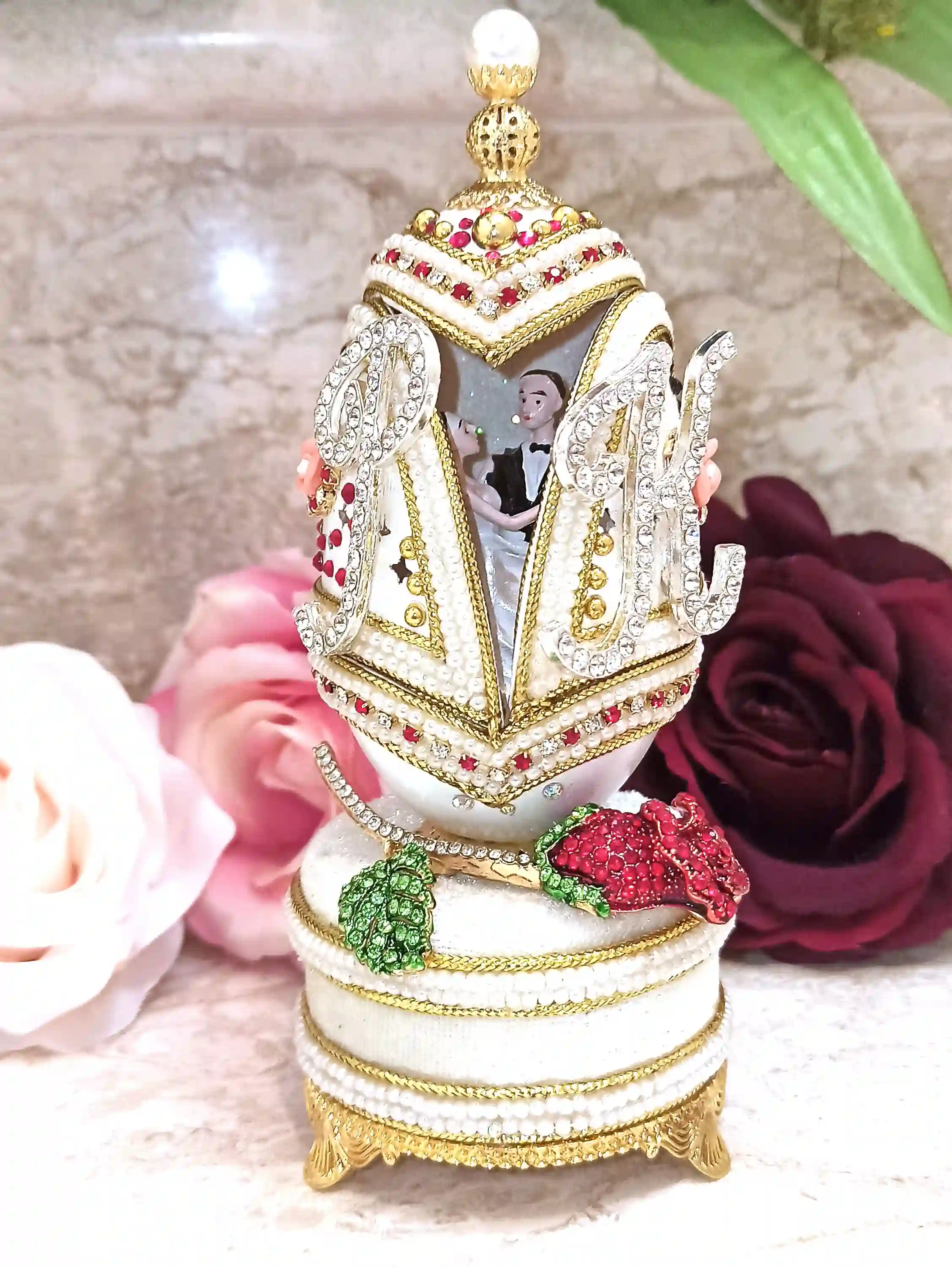 Luxury Wedding Gift, Faberge-Style egg style Personalized, 24k GOLD, Ruby Anniversary, 5ct, Faberge Music Box, Wedding ornament, HANDCARVE,Faberge 