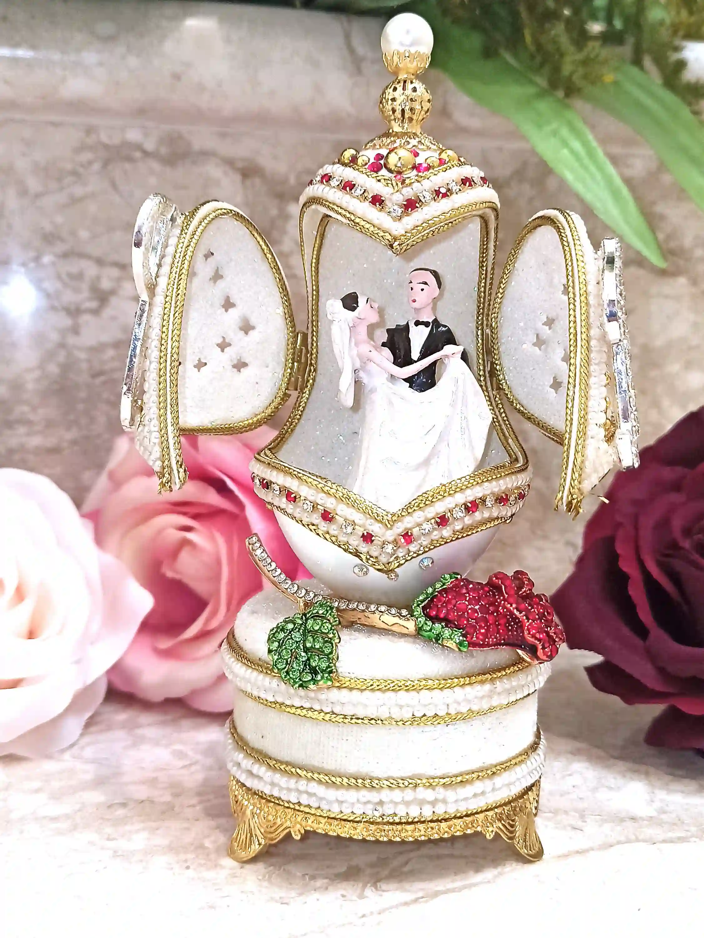 Luxury Wedding Gift, Faberge-Style egg style Personalized, 24k GOLD, Ruby Anniversary, 5ct, Faberge Music Box, Wedding ornament, HANDCARVE,Faberge 