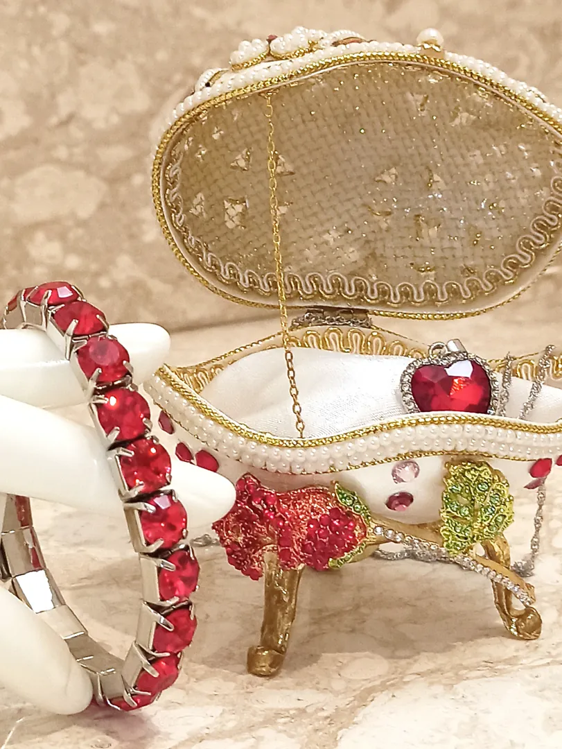 One of a Kind Faberge Egg 24k Gold Musical Jewelry Box + Sterling Silver Ruby Heart + Bracelet Handcarved Fabergé Egg Style Christmas Gift.