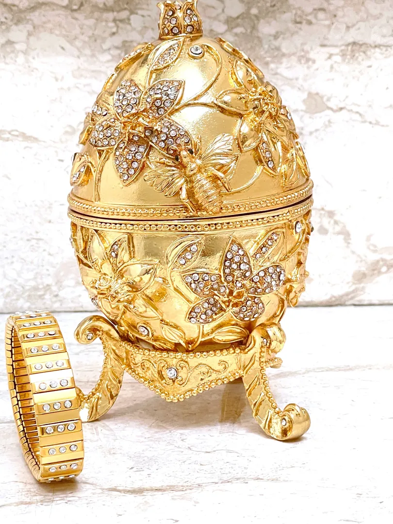 Vermeil Gold Faberge Jewelry Box Pomegranate Collector Retirement Mom Gift New Beginnings Gift for Women + Handmade Gold Diamond Bracelet