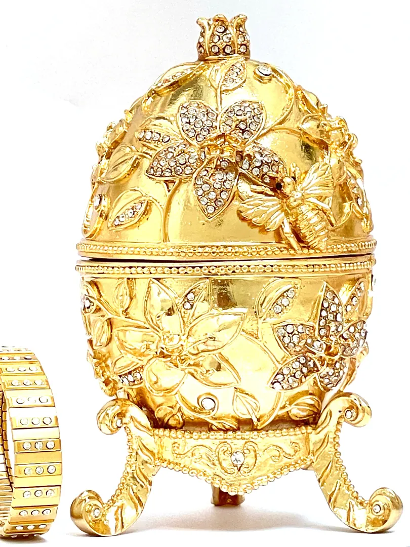 Vermeil Gold Faberge Jewelry Box Pomegranate Collector Retirement Mom Gift New Beginnings Gift for Women + Handmade Gold Diamond Bracelet