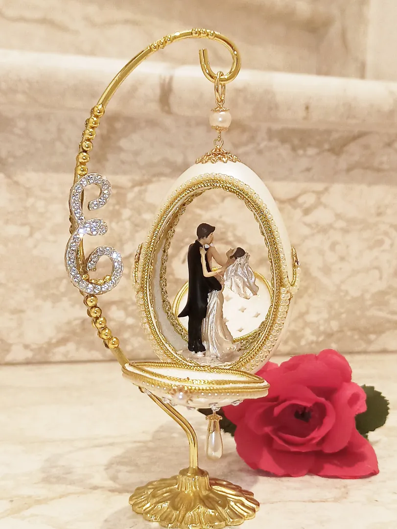 Faberge Egg Personalized Initial Artisan Wedding Anniversary Gift for Couple 24k Gold Handcarved Natural Egg Newlywed Gift for Bridal Shower