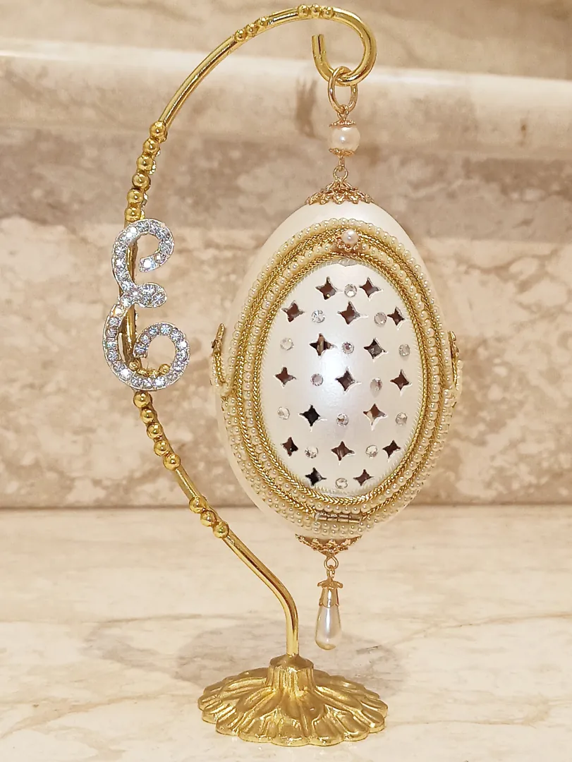 Faberge Egg Personalized Initial Artisan Wedding Anniversary Gift for Couple 24k Gold Handcarved Natural Egg Newlywed Gift for Bridal Shower