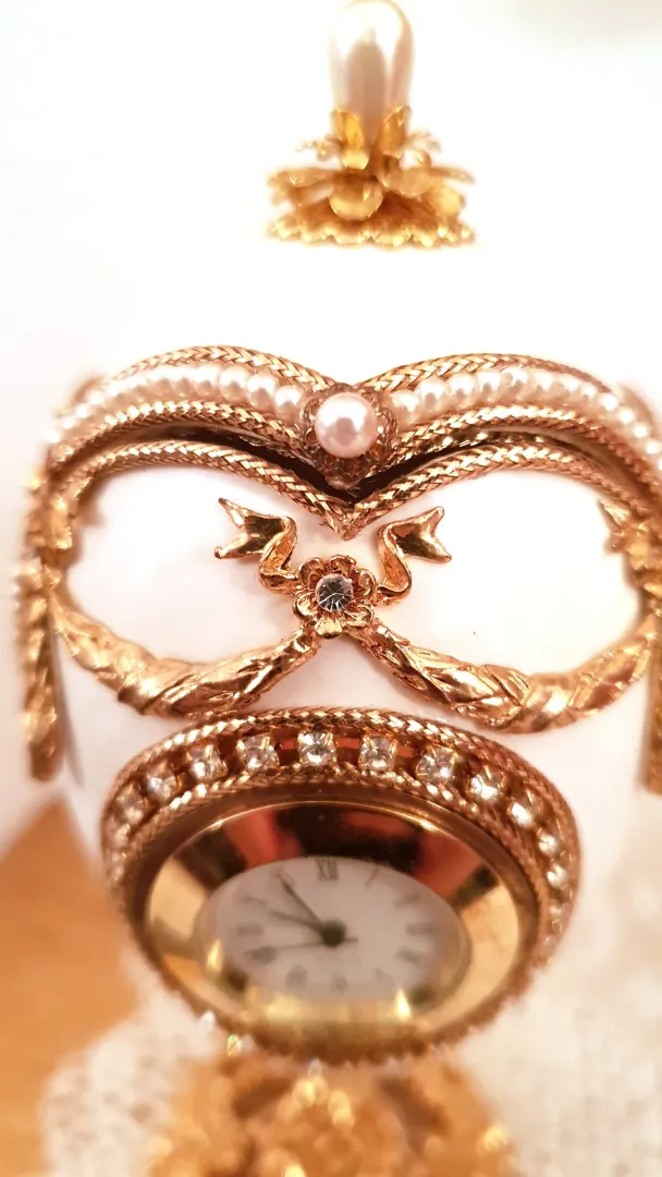 1996 Faberge Antique Clock, Faberge Egg Wedding Ring Box, Engagement Proposal Ring Box, 24k Gold Art Deco Fabergé Style, 25th Anniversary Gift.