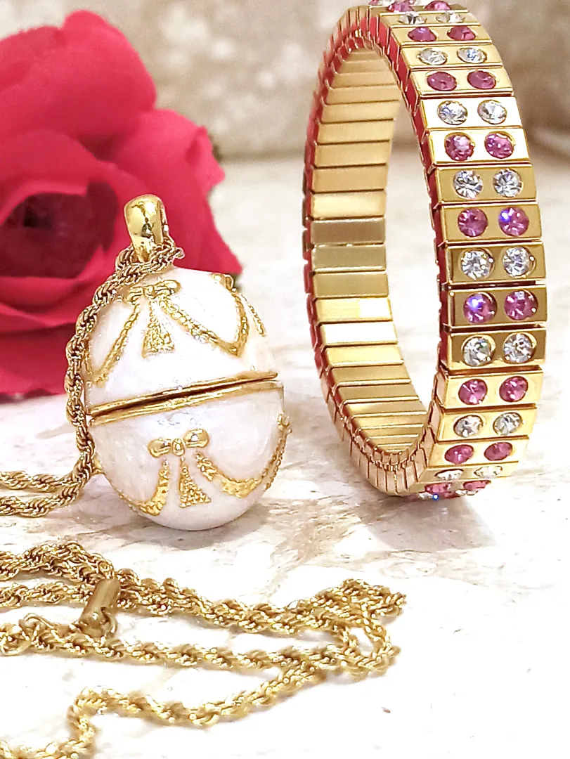 Pink Faberge Egg Jewelry Maid of Honor Proposal Bridesmaid Gift for Wedding Day Faberge Necklace Bracelet Set 24k Gold Pink Topaz Birthday.