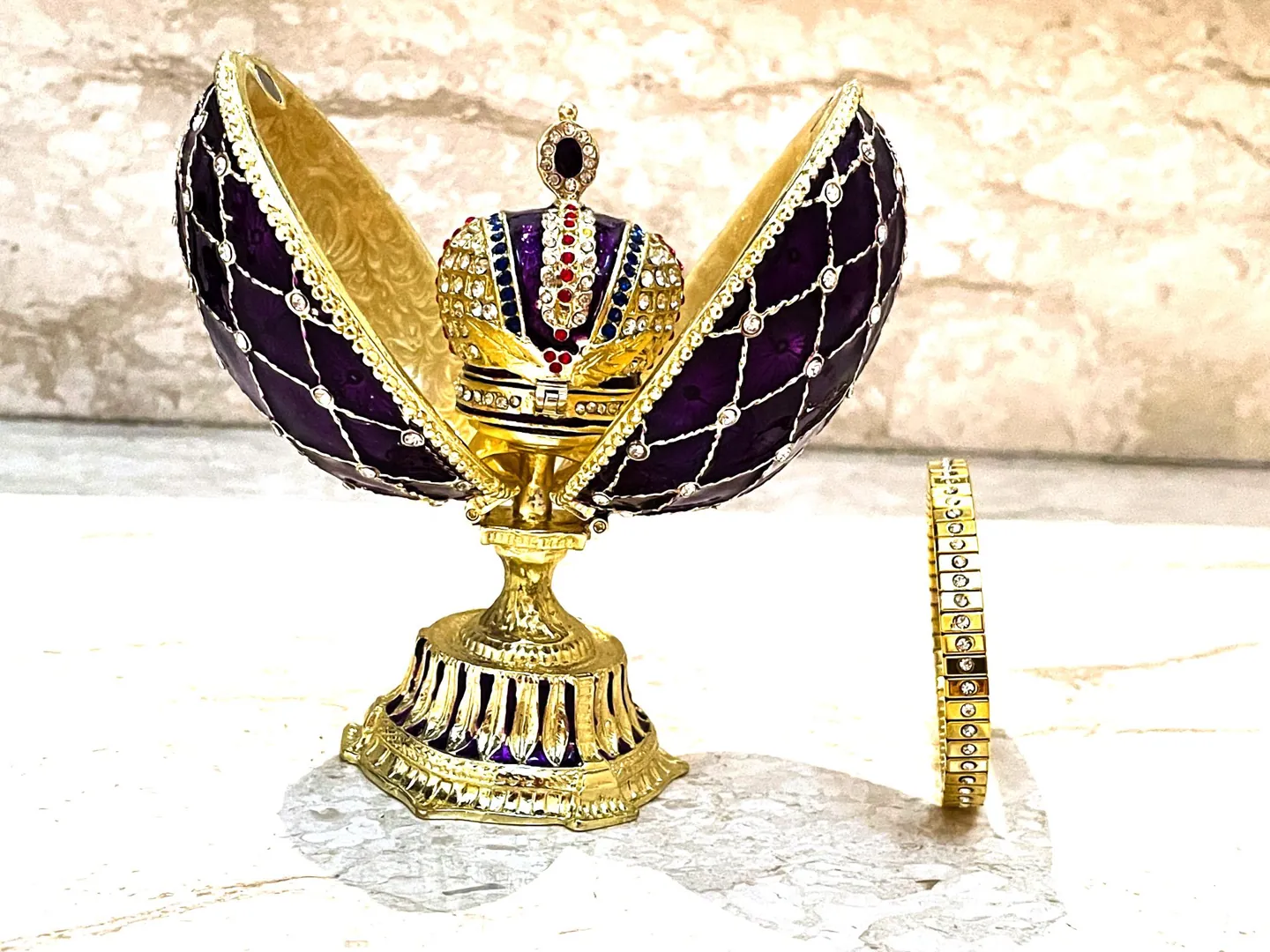 Amethyst Gold Fabergé Box Imperial Crown Hideaway Trinket Fabergé Egg 333 Austrian Crystal Diamond plus Gold Bracelet Birthday Gift for Her