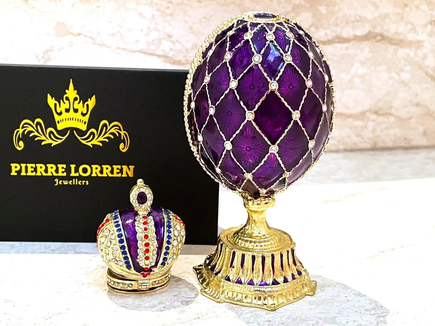Amethyst Gold Fabergé Box Imperial Crown Hideaway Trinket Fabergé Egg 333 Austrian Crystal Diamond plus Gold Bracelet Birthday Gift for Her