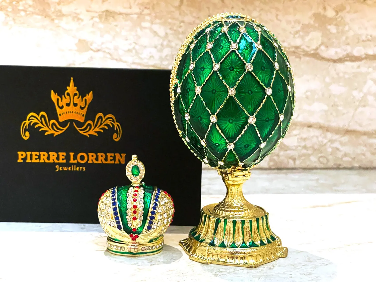 Green Faberge Box Imperial Crown Hideaway Trinket Fabergé Egg 333 Austrian Crystal Diamond PLUS Gold Bracelet Birthday gift for her