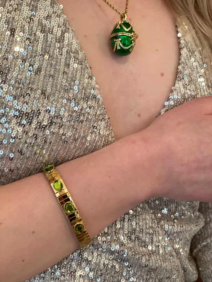 Faberge Emerald Green Vintage Jewelry Set: Faberge Egg Necklace, Gold & Austrian Crystal Bracelet, Fabergé Egg Pendant. Birthday Jewelry Gift for Her.