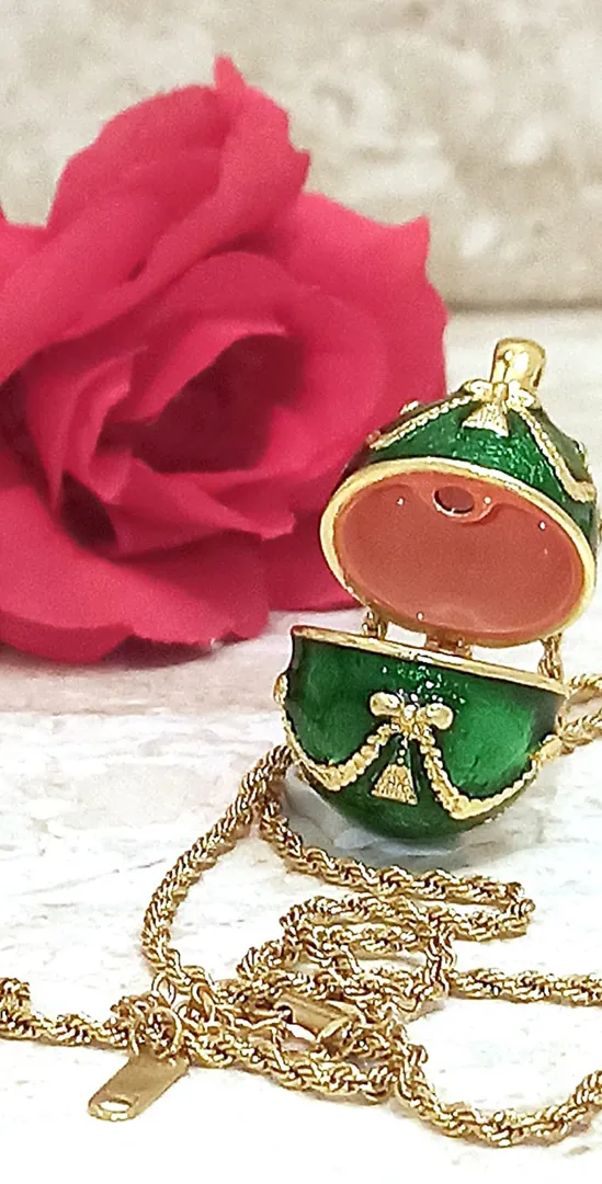 Faberge Emerald Green Vintage Jewelry Set: Faberge Egg Necklace, Gold & Austrian Crystal Bracelet, Fabergé Egg Pendant. Birthday Jewelry Gift for Her.