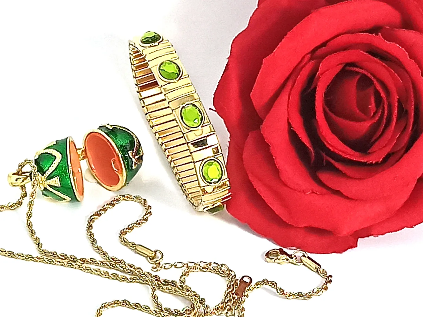 Faberge Emerald Green Vintage Jewelry Set: Faberge Egg Necklace, Gold & Austrian Crystal Bracelet, Fabergé Egg Pendant. Birthday Jewelry Gift for Her.