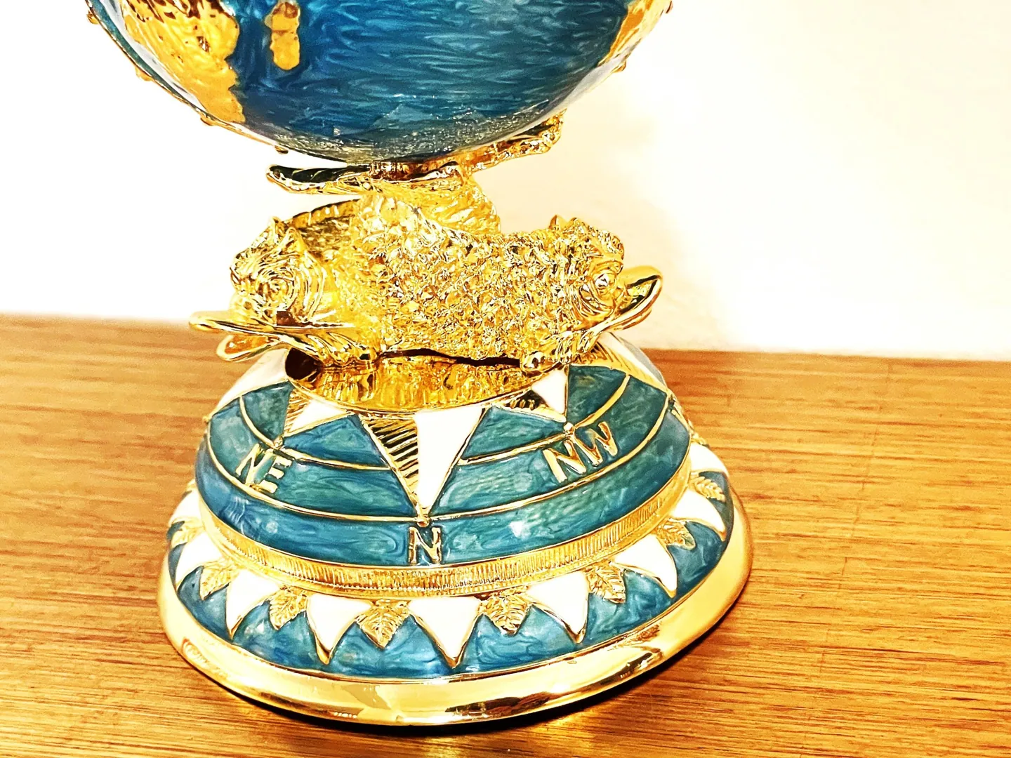Designer Blue Faberge Egg Pure Gold Fabergé Egg Swarovski Handmade Fish Good Luck Symbolism Sailing the Seas of Knowledge Graduation Gift
